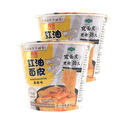 BAIJIA A-KUAN Broad Noodles Large Bowl Sesame / Chili Oil / Spicy Hot - 2 x 115 gr. bowl