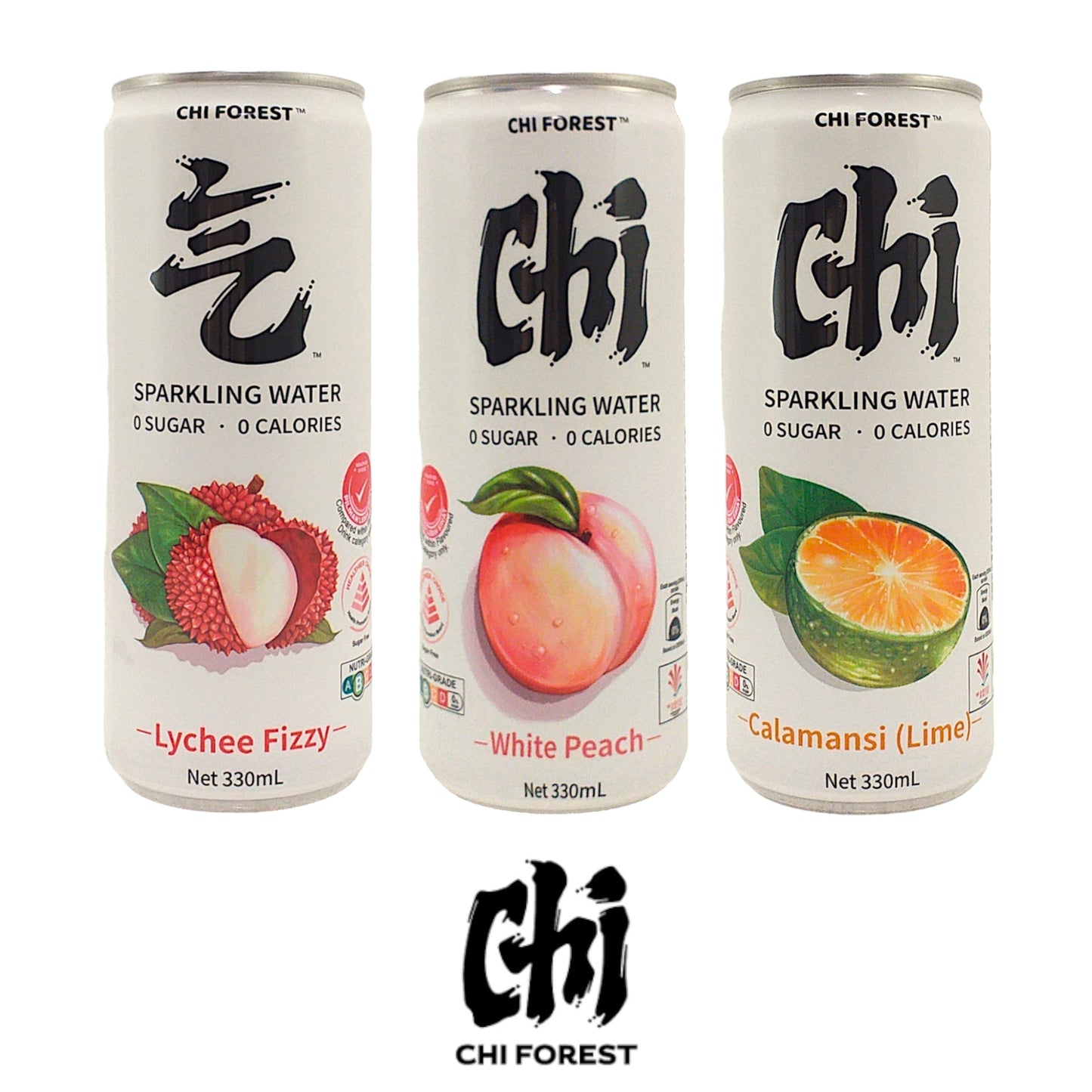 CHI Forest Sugar-Free 0 Calories Lychee / White Peach / Lime Fruit Sparkling Drink - 2 x 330 ml. can