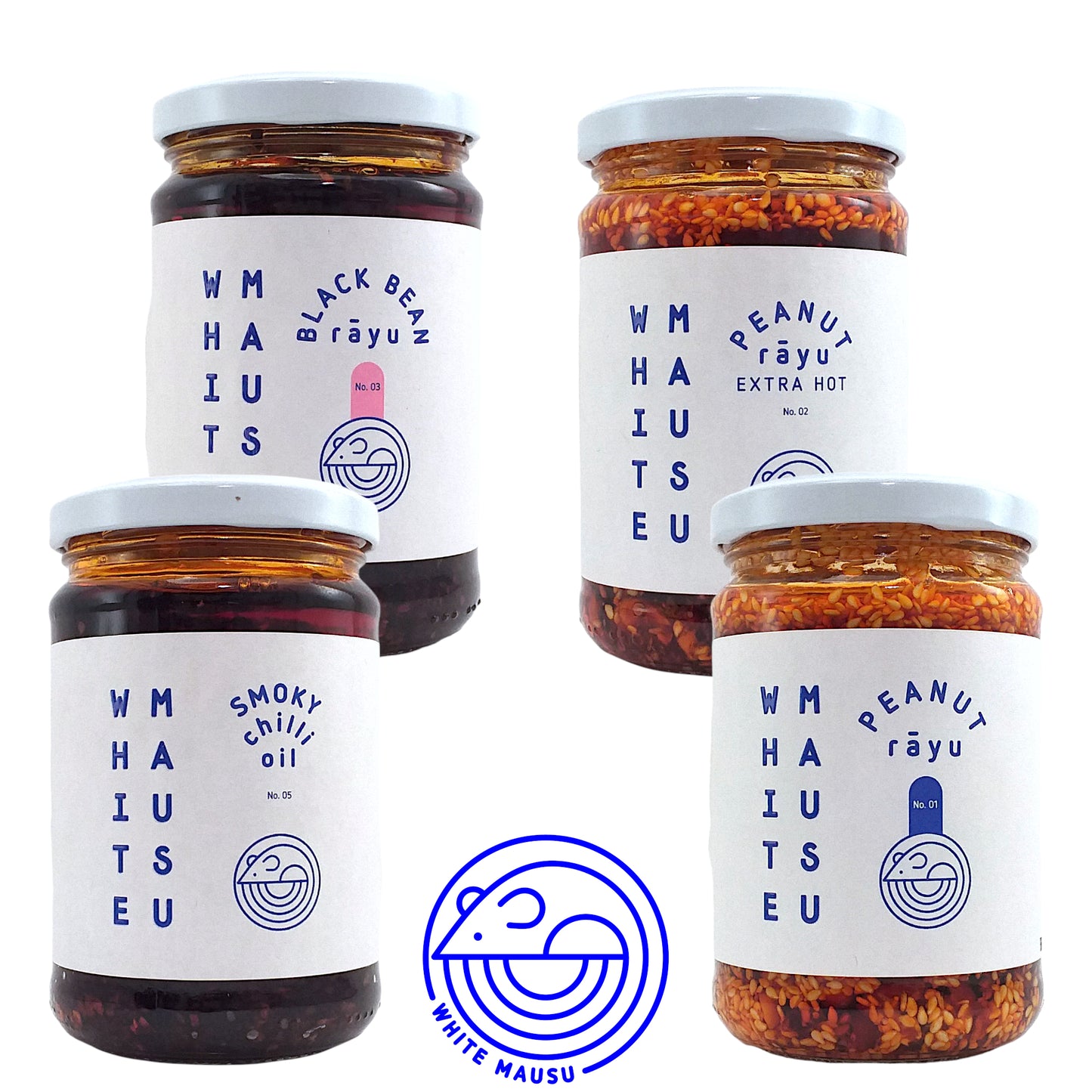 WHITE MAUSU Peanut Rayu / Black Bean Rayu / Hot Peanut Rayu / Chilli Oil - 240 gr. jar