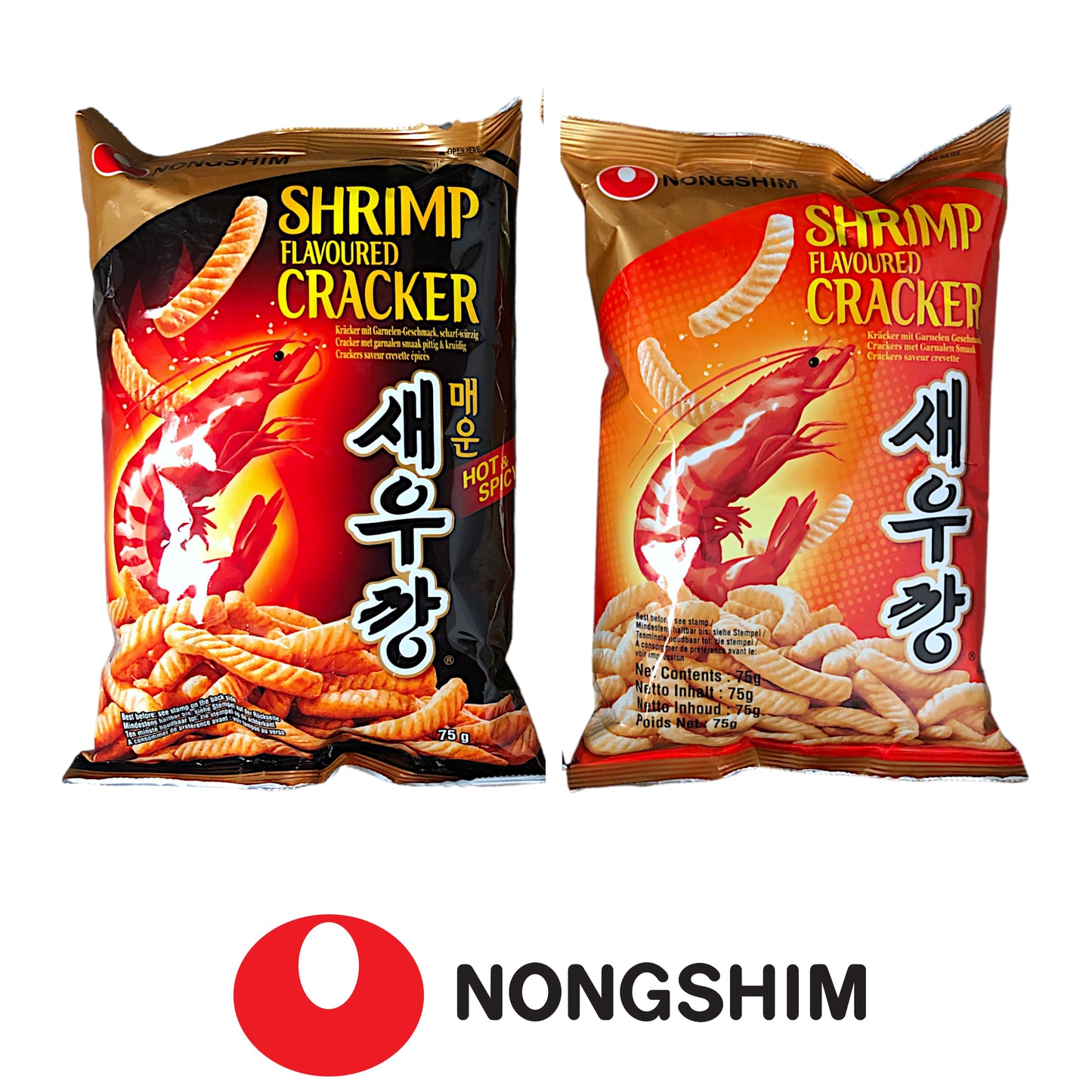 NONGSHIM Shrimp Flavoured Original / Spicy Crackers - 2 packs x 75 gr.