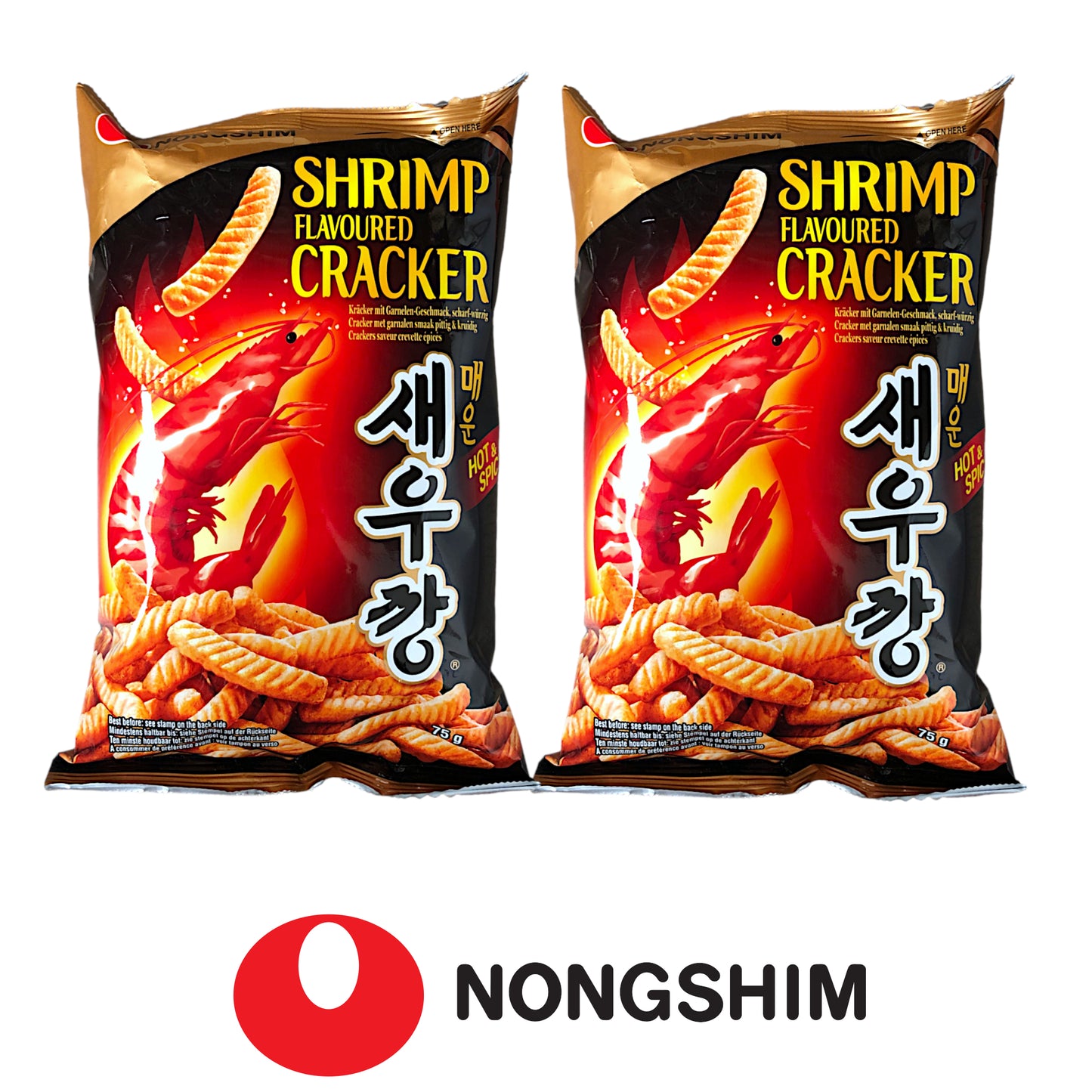 NONGSHIM Shrimp Flavoured Original / Spicy Crackers - 2 packs x 75 gr.