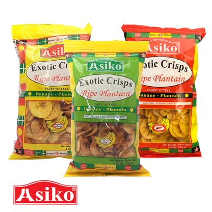 ASIKO Ripe Plantain Crisps Salted / Unsalted / Chilli - 10 x 75 gr. packs