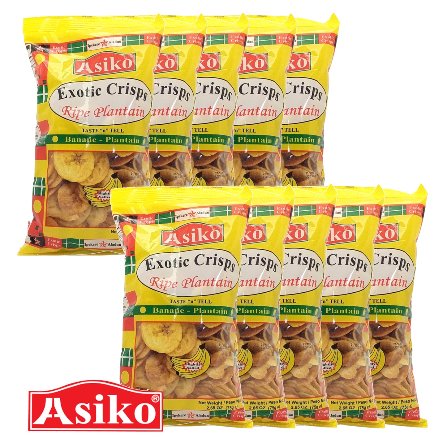 ASIKO Ripe Plantain Crisps Salted / Unsalted / Chilli - 10 x 75 gr. packs