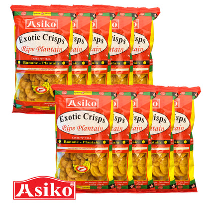 ASIKO Ripe Plantain Crisps Salted / Unsalted / Chilli - 10 x 75 gr. packs