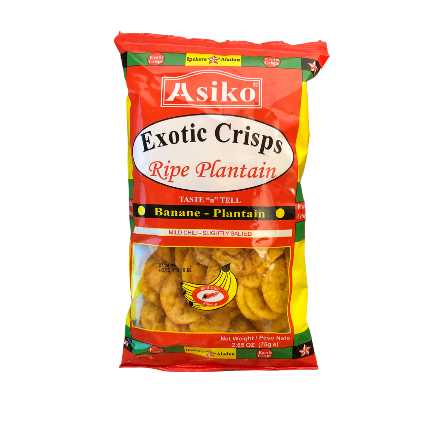 ASIKO Ripe Plantain Crisps Salted / Unsalted / Chilli - 10 x 75 gr. packs