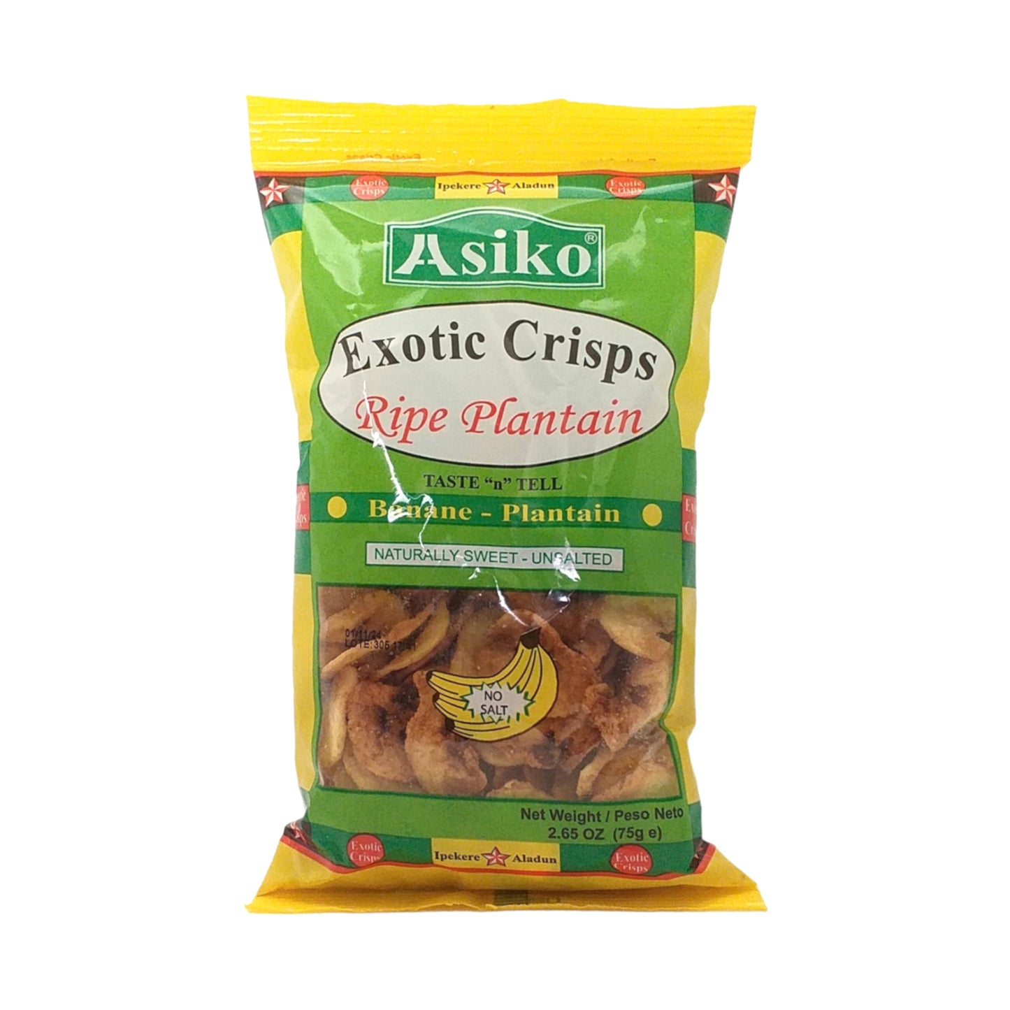 ASIKO Ripe Plantain Crisps Salted / Unsalted / Chilli - 10 x 75 gr. packs