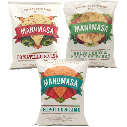 MANOMASA Tortilla Chips Chipotle Lime / Green Lemon / Tomatillo - 2 x 140 gr. pack