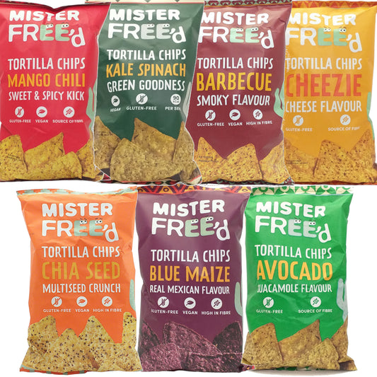 MISTER FREE'D Tortilla Chips Guacamole Barbecue Blue Maize Cheese Chia Kale Spinach Mango Chili - 2 x 135 gr. pack