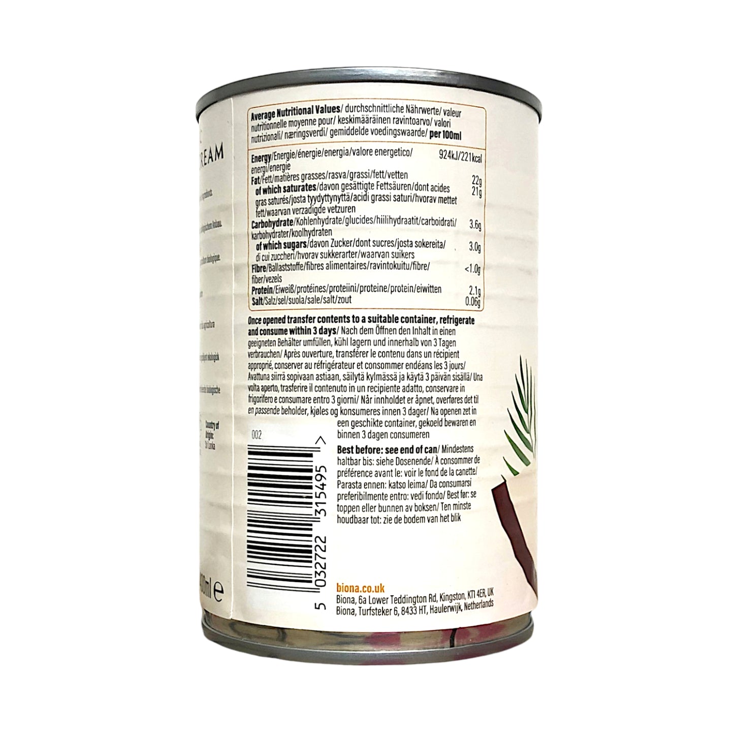 BIONA Organic Coconut Regular / Whipping Cream  - 400 ml tin