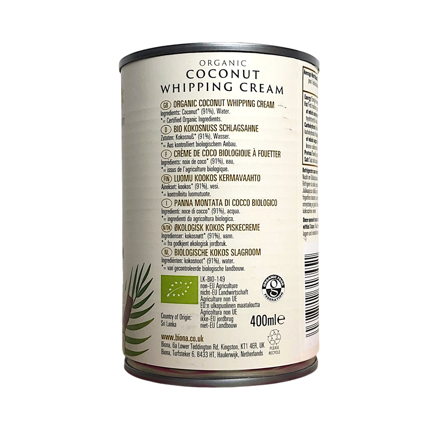 BIONA Organic Coconut Regular / Whipping Cream  - 400 ml tin