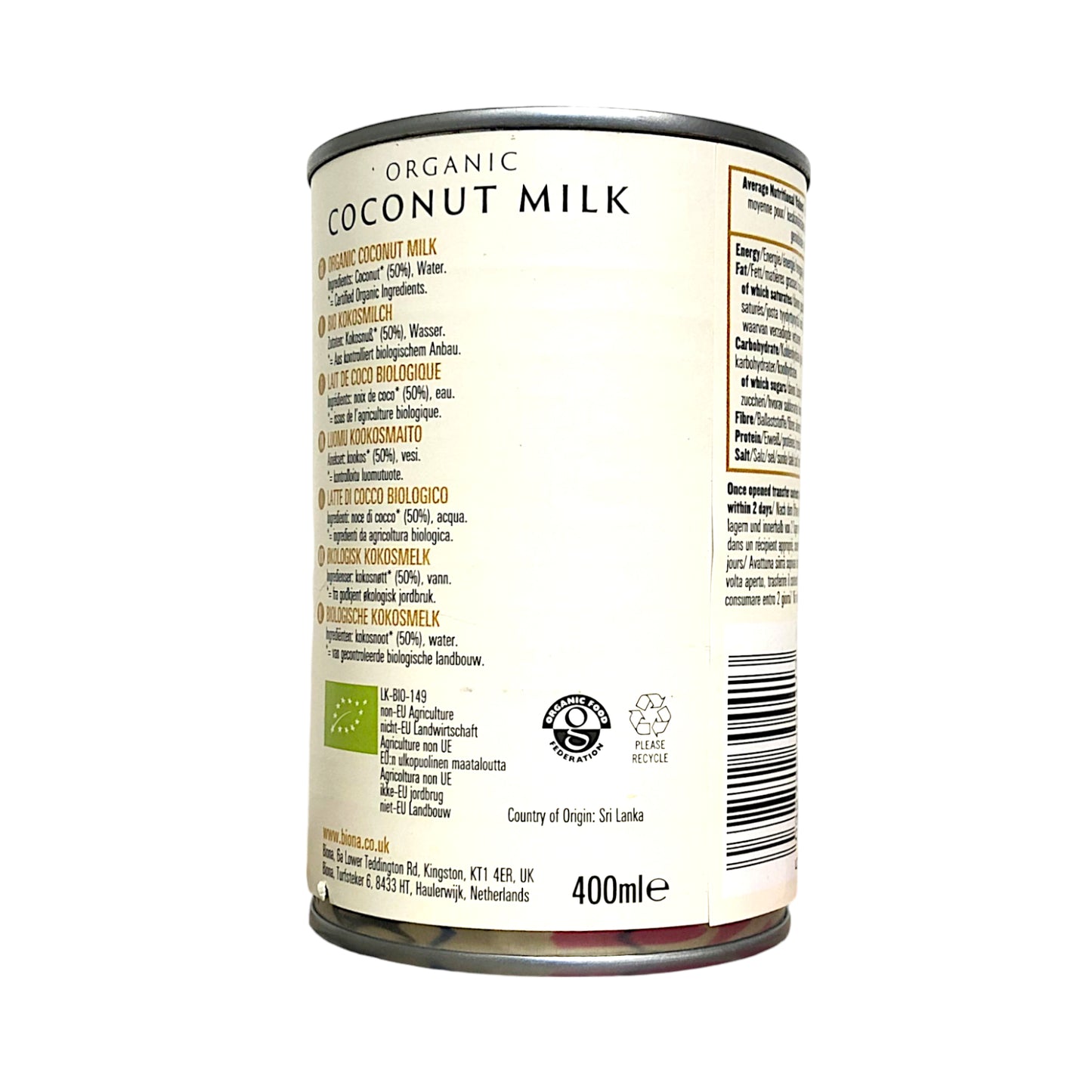 BIONA Organic Coconut Milk Regular / Light  - 400 ml tin