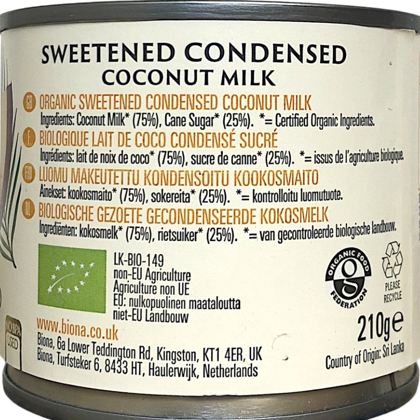 BIONA Organic Sweetened Condensed Coconut Milk 210 gr