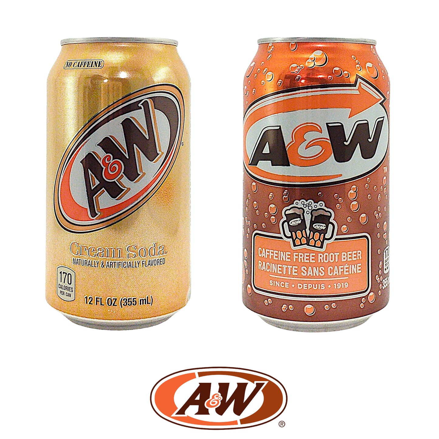 A&W Cream Soda / Caffeine Free Root Beer - 2 x 355 ml. can