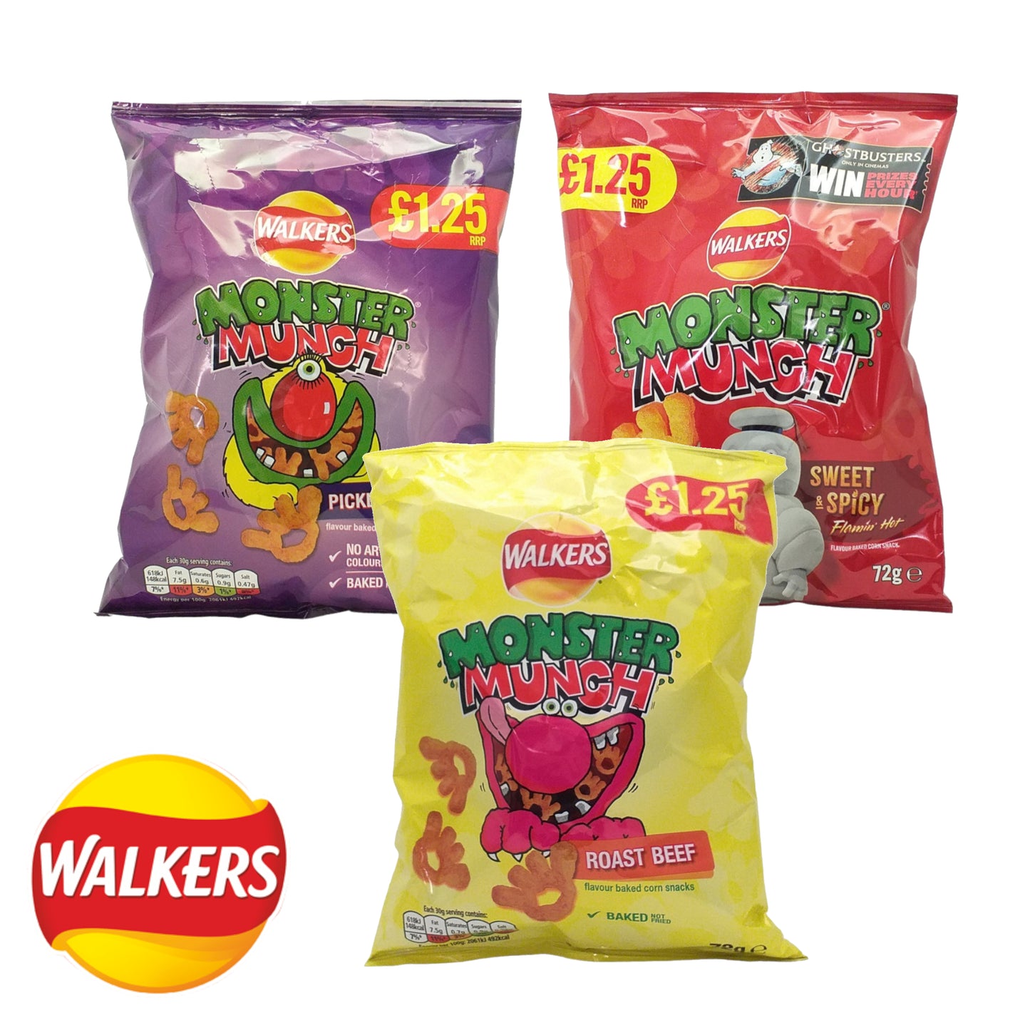 WALKERS MONSTER MUNCH Pickled Onion / Roast Beef / Sweet and Spicy - 10 x 72 gr. pack