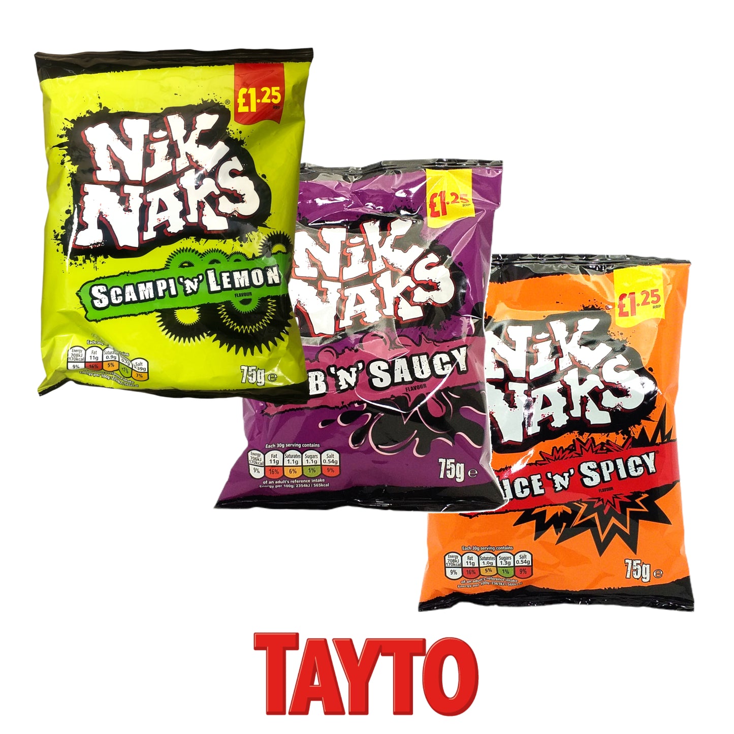 TAYTO NIKS NAKS Nice'n'Spicy / Rib'n'Saucy / Scampi - 10 x 75 gr. packs