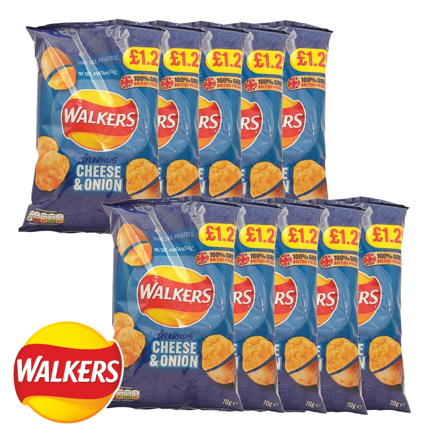 WALKERS Crisps Cheese and Onion / Prawn Cocktail / Salted / Salt and Vinegar  - 10 x 70 gr. packs