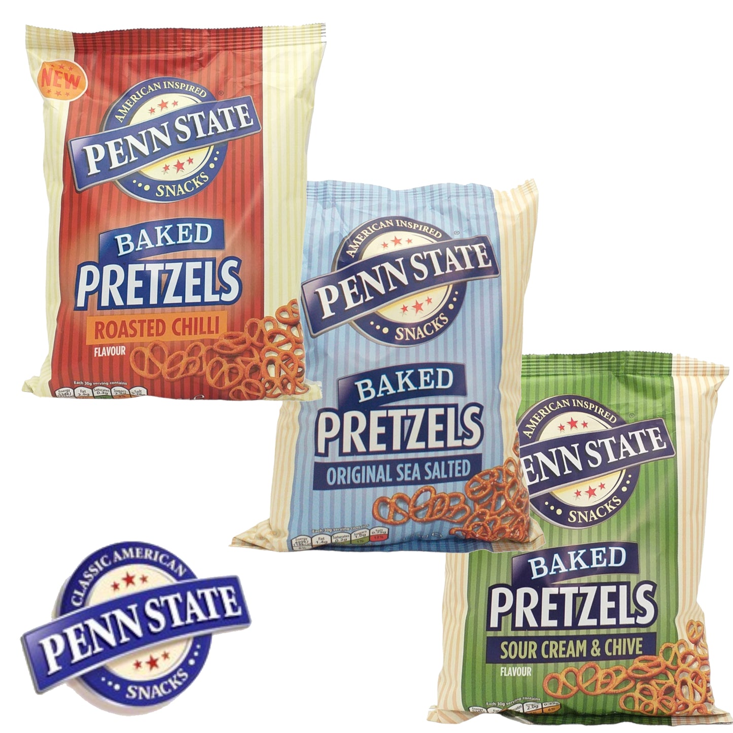 PENN STATE Baked Pretzels Sea Salt / Roasted Chili / Sour Cream and Chives - 2 x 65 gr. packs