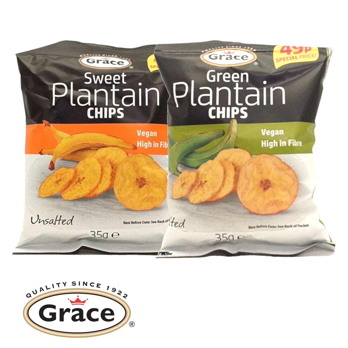 GRACE Sweet Plantain Chips Salted / Unsalted - 10 x 35 gr. packs